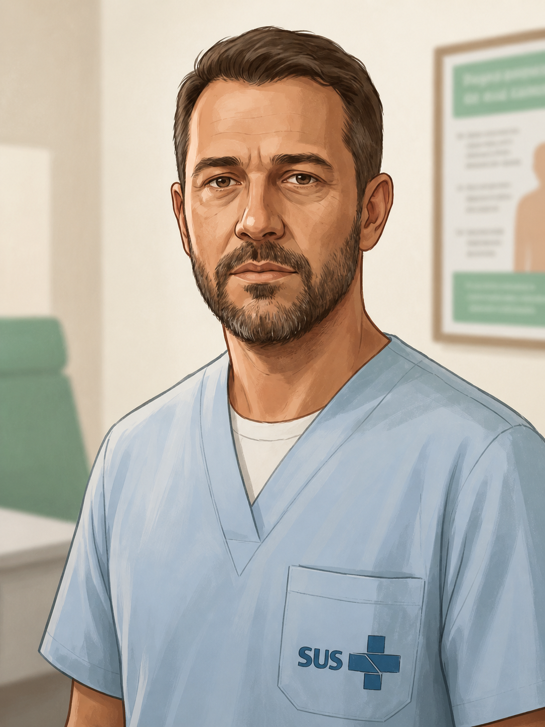 Ilustração da persona Carlos, profissional de saúde e usuário final impactado pela experiência dos cursos.