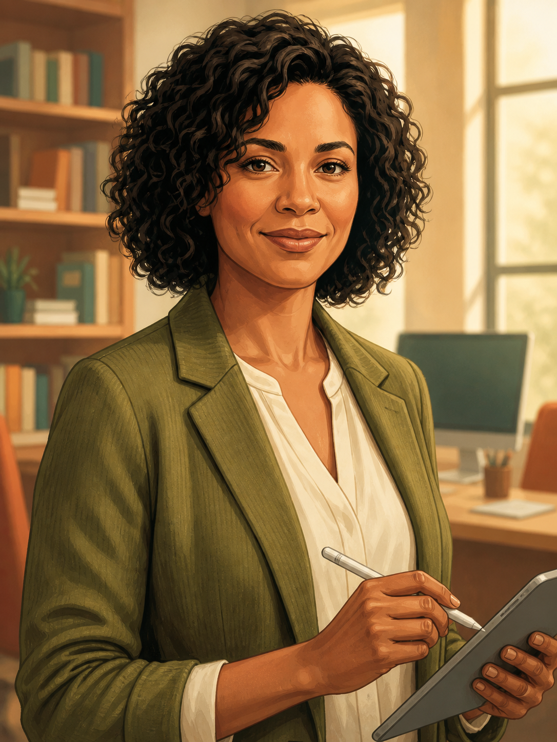 Ilustração da persona Paula, designer instrucional e visual no NEAD, em ambiente de trabalho.